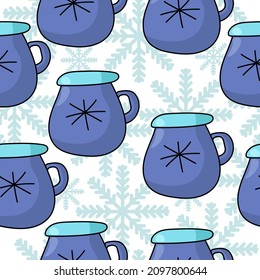 Blaue Tasse mit Kontur-Schneeflocken, nahtloses Muster, gemütlicher Karikaturenstrog auf einem Hintergrund von Schneeflocken, Vektorgrafik