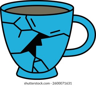 A blue cup with a crack in it. The cup is broken and has a hole in it