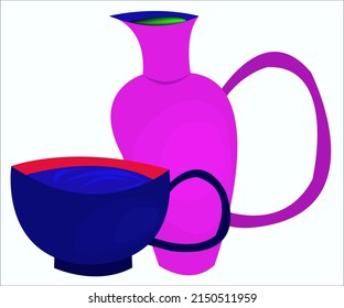 A blue cup with drink in it and a pink jug. This logotype can be used as an advertising sign for bars and cafes or as a symbol for a menu. Vector illustration, isolated.