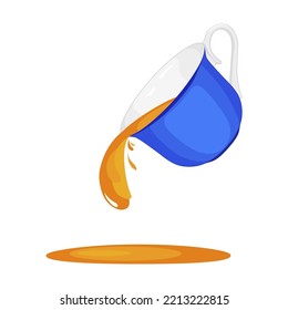 A blue cup with a drop of tea or coffee in the speaker. Tea and cups are pouring. realistic vector illustration isolated on a white background.