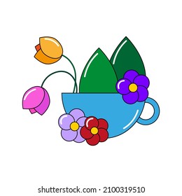 Blue cup with flowers. Colored sign. Beautiful art. Nature design. Botany background. Vector illustration. Stock image. 