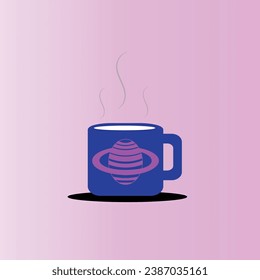 The blue cup in front of the background and the pink planet pattern in front of it