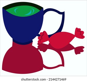 A blue cup with green juice and a red candy. This illustration can be useful for a menu and cards of restaurants and cafes. Vector illustration, isolated.