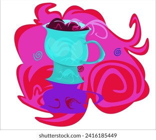 A blue cup of hot aromatic tea; vintage, bright background. This cartoon illustration can be used as a logotype for cafes, cafeterias, bars, tea shops, coffee stores. Vector, isolated.