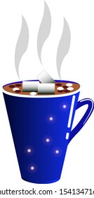 A blue cup of hot cacao with marshmallows vector flat illustration isolated