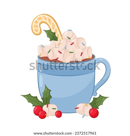 
Blue cup with hot cocoa and marshmallows decorated with gingerbread cane and winter berries in flat style. Christmas, winter hot drink.
