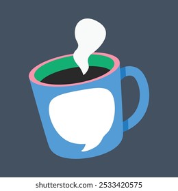 Café caliente de la taza azul con el espacio en blanco del texto en diseño plano del Vector