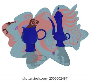 A blue cup of hot, swirlling tea and a blue funky teapot; vintage, dark, creepy background. This cartoon illustration can be used a logotype for tea shops, coffee stores, cafes, bars. Vector, isolated