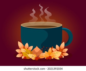 Blue cup of hot tea or coffee with autumn leaves. Vector illustration.