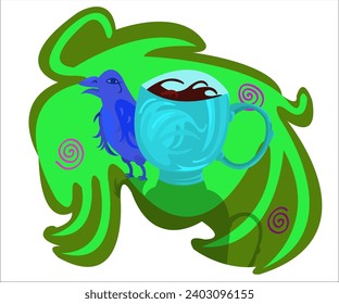 A blue cup of hot tea and a cute violet bird; cozy, romantic background. This cartoon, comic illustration can be used as a logotype fo cafes, cafeterias, bars, tea shops. Vector, isolated. 