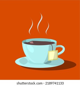 blaue Tasse heißen Tee, Symbol auf orangefarbenem Hintergrund, Vektorgrafik