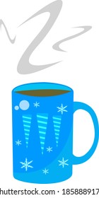 blue cup with hot tea patterns icicles and snowflakes object on white background concept of cold season and winter holidays