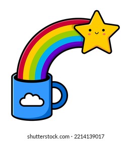 Blue cup with the image of a cloud. Star and rainbow. Vector illustration.