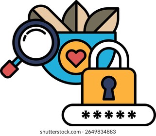 A blue cup with a magnifying glass on it and a heart on it. A yellow lock with a key on it