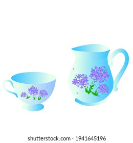 Blue cup and milk jug with a pattern of beautiful flowers on a white background. Vector illustration