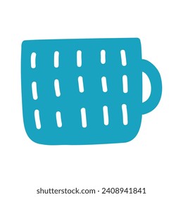 Blue cup mug isolated vector icon. Single object clipart mug with handle. Flat colored design. Cup of coffee, tea, hot drink, cacao. Cute design element.