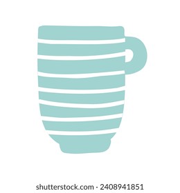 Blue cup mug isolated vector icon. Single object clipart mug with handle. Flat colored design. Cup of coffee, tea, hot drink, cacao. Cute design element.