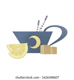 Blue cup or mug of tea with moon, stars, lemons slice, brown sugar, lavender isolated on white background. Copy space. Template for menu, card, banner, poster, flyers. Vector flat stock illustration.