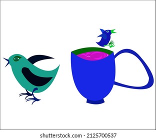 A blue cup with pink juice and two birds. This illustration can be used as a logotype for restaurants and cafes. Vector illustration, isolated.