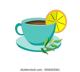 blue cup with poured tea inside and slice of lemon stands on saucer, and next to it lies sprig of mint.