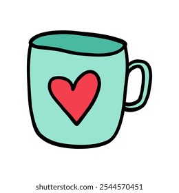 Blue cup with red heart in doodle style isolated on white background. Hand drawn cute cup for Valentine's Day, featuring love-themed design. Perfect cup for sharing love and warm beverages.