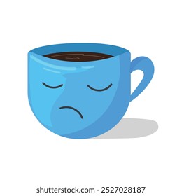 Una taza azul con una cara triste está sobre un fondo blanco 