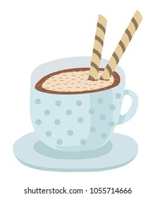 A blue cup with saucer, hot coffee or chocolate with a biscuit. Vector isolated illustration on white background