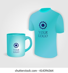 Blue cup and blue shirt isolated on white vector. Display Mock up for corporate identity and promotion objects.