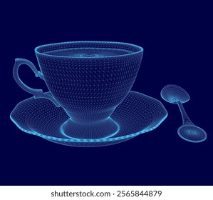 Blue cup with a spoon on top of it. The cup is a 3D model and the spoon is a 3D model as well. The image has a futuristic and modern feel to it