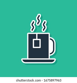 Copa Azul de té con icono de bolso de té aislado en fondo verde.  Ilustración vectorial