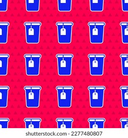 Blue Cup with tea bag icon isolated seamless pattern on red background.  Vector