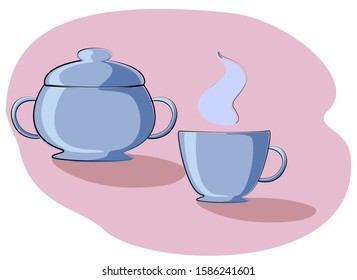Blue cup of tea or coffee and 
sugar bowl on a pink background. Breakfast at a coffee shop or at home. EPS10 vector illustration