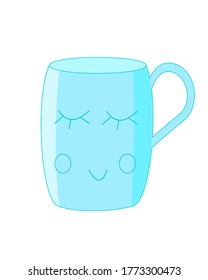 Blue Cup for tea and drinks with an Emoji. Vector illustration of a Cup with a drawn face eyes mouth cheeks.