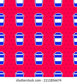 Blue Cup of tea icon isolated seamless pattern on red background.  Vector