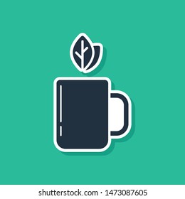 Blue Cup of tea and leaf icon isolated on green background.  Vector Illustration