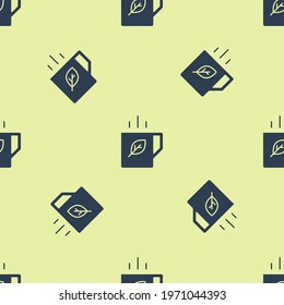 Blue Cup of tea and leaf icon isolated seamless pattern on yellow background.  Vector