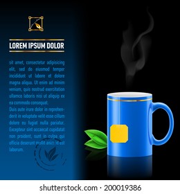 Blue cup of tea spewing hot steam. Green leaf tea. Next sheet of paper with the test