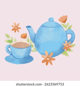 blue cup and teacup in watercolor style with isolated background