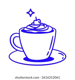 A blue cup with whipped cream on top and a cherry on it. The cup is on a white plate