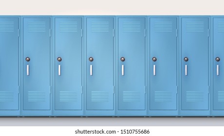 Blue cupboards with combination lock and handles. Welcome back to school. Set of realistic school locker, metal cabinets with closed doors. Vector template, 3d illustration