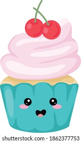 Blue cupcake with cherries looks blushing