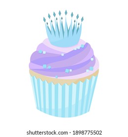 Blue cupcake with a cute crown, cartoon style. Stock vector illustration isolated on white background. Can be used as a sticker, as a separate element for a baking theme, for bakery, for candy store