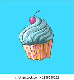 Blue Cupcake illustration with cherry on top hand drawn vector art