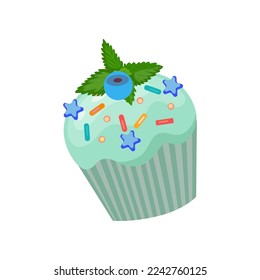 Blue cupcake or muffin with sprinkles vector illustration. Drawing of little cake with frosting and sprinkles isolated on white background. Holiday, dessert, decoration concept