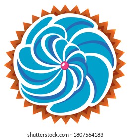 Blue cupcake with pink pearl dessert. Sweet frosting bakery for tea or coffee. Creamy icing muffin design for home baking or birthday party. Food logo vector illustration.