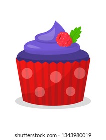 Blue Cupcake with Raspberry Vector Illustration. Sweet Dessert Cartoon Color Drawing. Sweet Muffin with Glaze and Razz. Pastry Shop, Confectionery, Buffet, Bakery Isolated Design element
