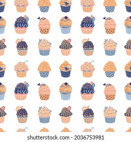 Blue cupcake. Seamless pattern with muffins. Cute childisn print in light pastel colors. Vector illustration with sweet dessert