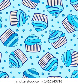 Blue cupcakes seamless pattern. Cute blue cupcakes set. Cupcakes and hearts isolated on blue background. 