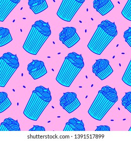 Blue cupcakes seamless pattern. Line cupcakes isolated on pink background. Rainbow cupcakes doodle