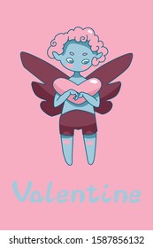 Blue cupid baby boy with lovely pink heart and background for valentines day stock vector ilustration